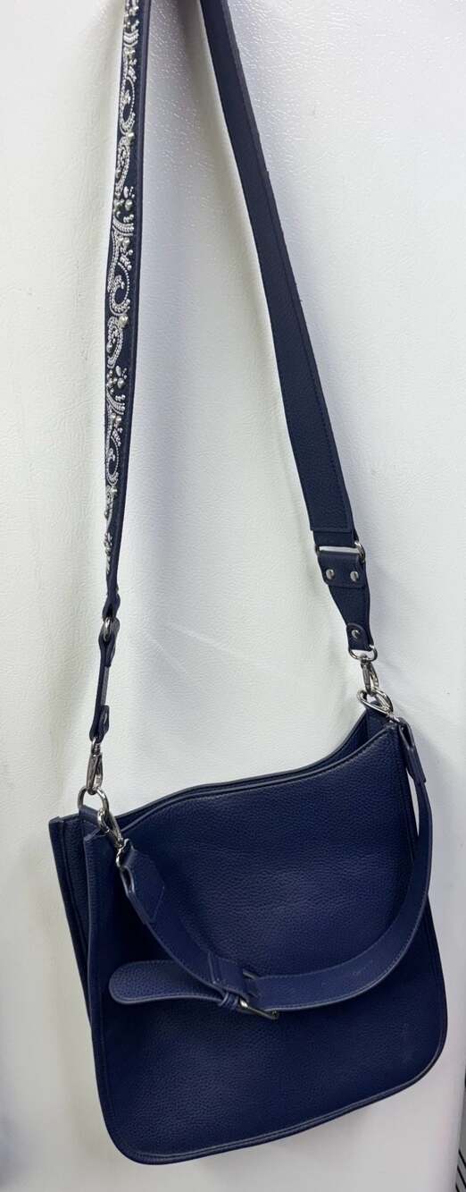 Blue Pebbled Leather Crossbody Bag with Studded/Pearl Embellished Strap - Picture 6 of 12